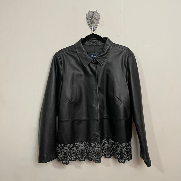 Denim & Co. L genuine leather jacket bohemian boho chic black gray collar swirl - Picture 1 of 8